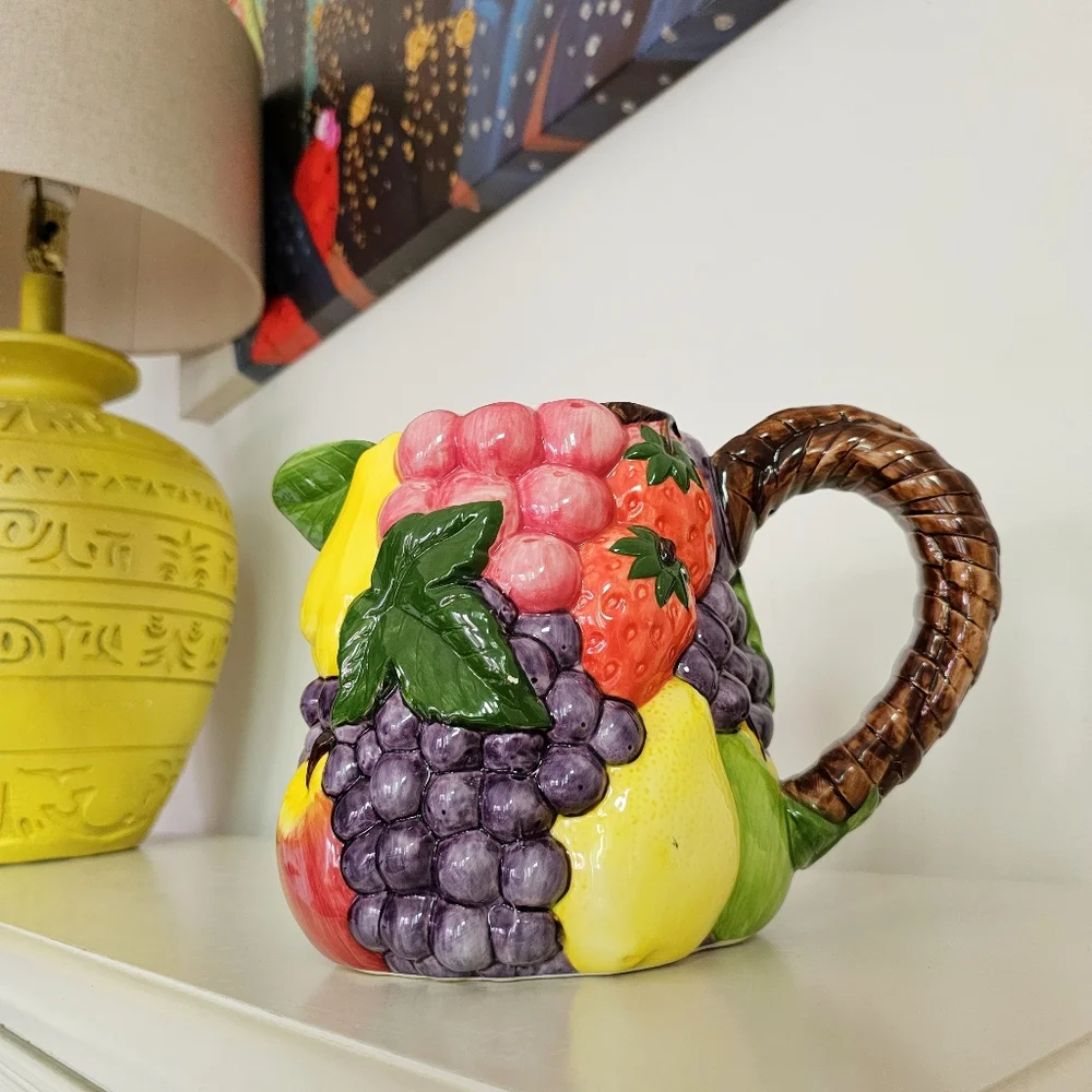 Vintage Handcrafted Pier 1 Imports Majolica Ceramic Fruits Design Pitcher 7